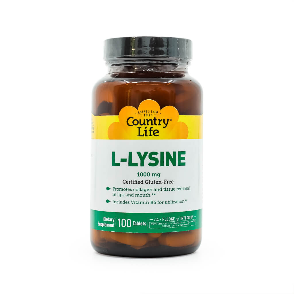 Bottle of Country Life L-Lysine supplement with 100 tablets. Contains 1000 mg of L-Lysine per serving, certified gluten-free, promotes collagen and tissue renewal in lips and mouth, and includes vitamin B6 for utilization.