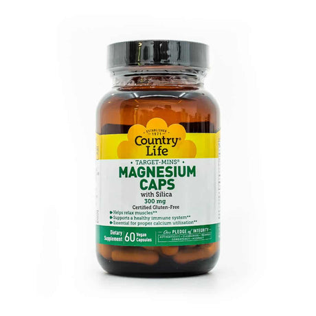 Bottle of Country Life Magnesium Caps with Silica, labeled as Target-Mins, containing 60 vegan capsules at 300 mg each. Claims to help relax muscles, support a healthy immune system, and aid calcium utilization; certified gluten-free.