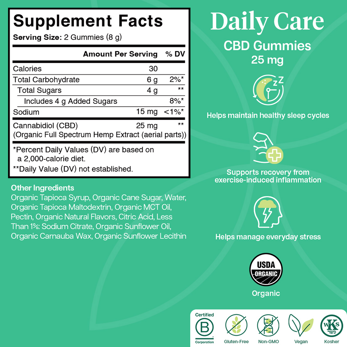 Charlotte's Web Daily Care 25mg CBD Gummies supplement facts: 25 mg CBD per 2-gummy serving