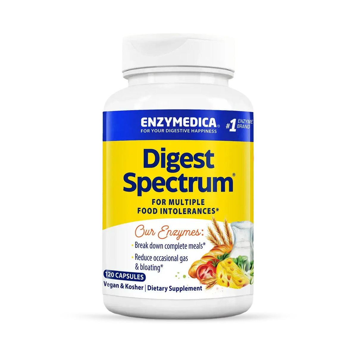 Enzymedica Digest Spectrum 120 capsules bottle with yellow and blue label, enzymes for multiple food intolerances
