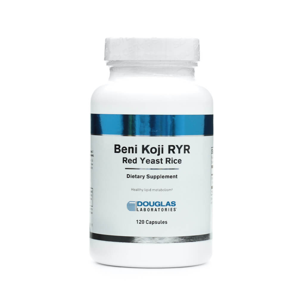 White bottle of Douglas Laboratories Beni Koji RYR Red Yeast Rice dietary supplement with 120 capsules. Labeled to support healthy lipid metabolism.