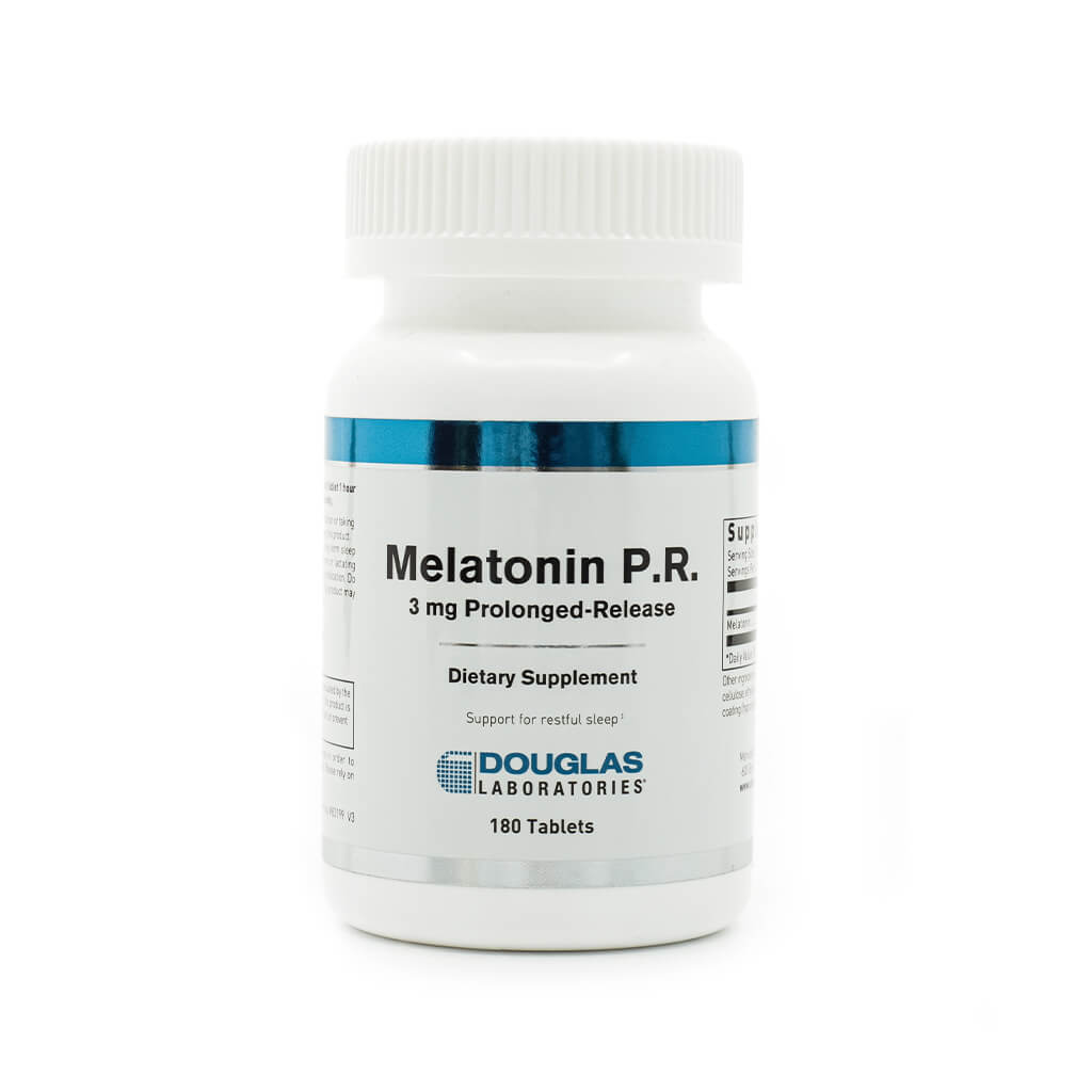 White bottle of Douglas Laboratories Melatonin P.R. dietary supplement, labeled as 3 mg prolonged-release. Supports restful sleep and contains 180 tablets, with a blue and silver accent design.