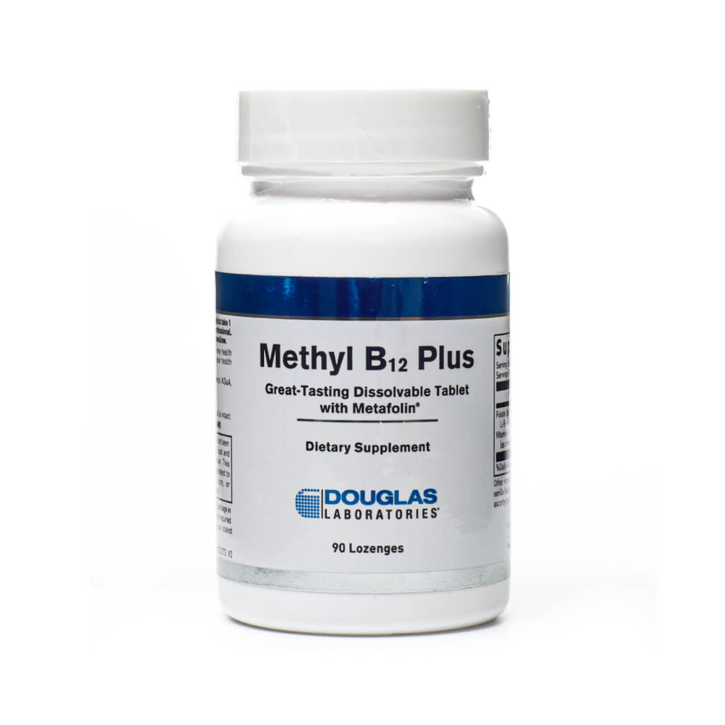 A white plastic bottle of Douglas Laboratories Methyl B12 Plus, containing 90 dissolvable lozenges with Metafolin. The label highlights it as a great-tasting dietary supplement designed to support vitamin B12 intake.