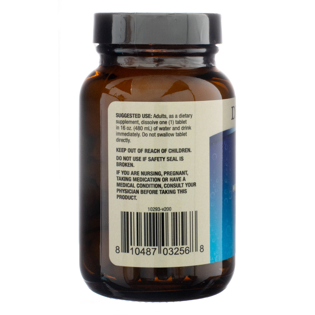 The back of a Dr. Mercola H2 Molecular Hydrogen bottle, displaying the suggested use, warnings, and barcode. The instructions recommend dissolving one tablet in 16 oz (480 mL) of water and drinking immediately. The label advises keeping the product away from children and consulting a physician before use if pregnant, nursing, or taking medication.