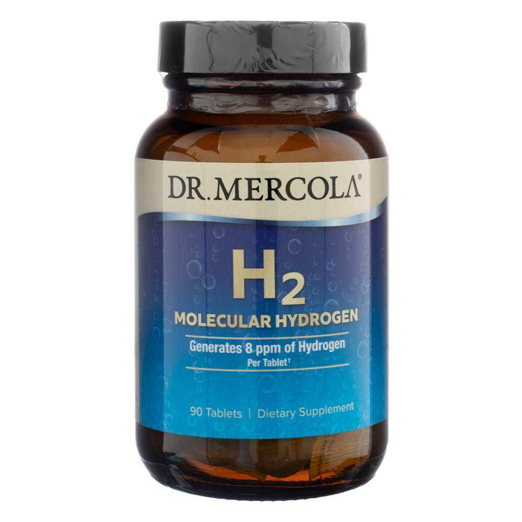 A brown glass bottle of Dr. Mercola H2 Molecular Hydrogen, displaying the front label with product branding. The label highlights that the supplement generates 8 ppm of hydrogen per tablet and contains 90 tablets as a dietary supplement.