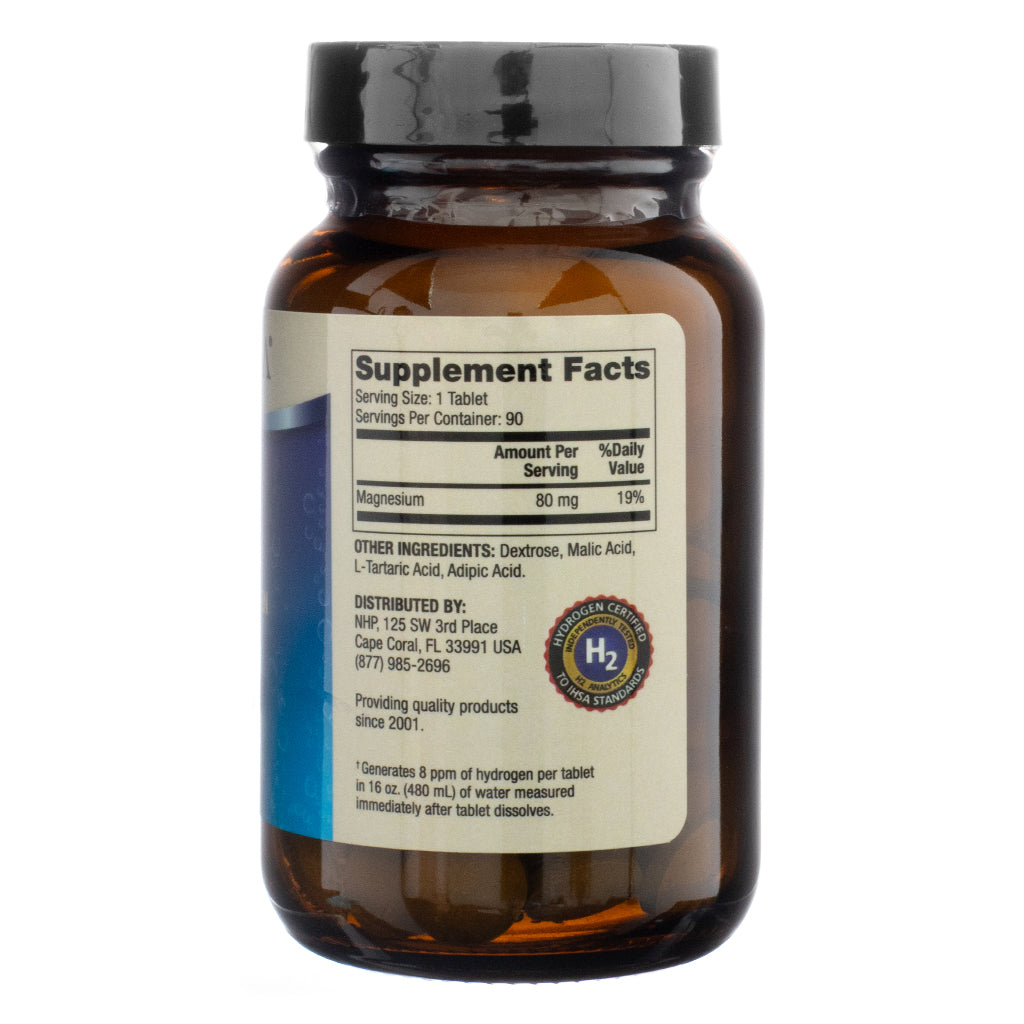 The back of a Dr. Mercola H2 Molecular Hydrogen bottle, displaying the supplement facts label. The label lists magnesium (80 mg, 19% daily value) and other ingredients such as dextrose, malic acid, and adipic acid. It also states that each tablet generates 8 ppm of hydrogen when dissolved in 16 oz (480 mL) of water.