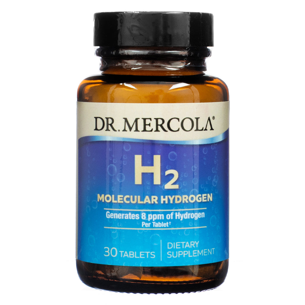 Front view of Dr. Mercola H2 Molecular Hydrogen bottle containing 30 tablets, labeled as a dietary supplement that generates 8 ppm of hydrogen per tablet.