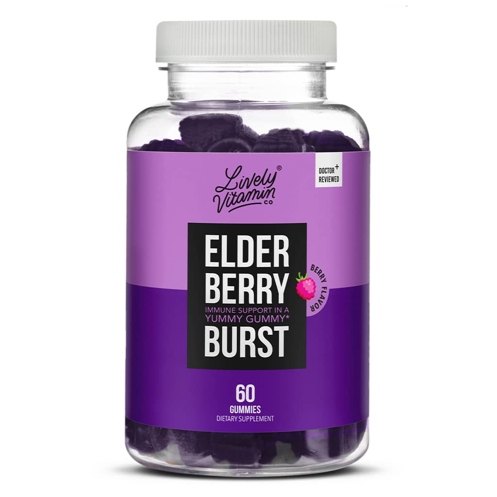 A clear bottle filled with dark purple gummies, labeled “Lively Vitamin Co. Elderberry Burst – Immune support in a yummy gummy,” with berry flavor noted on a purple and lavender label, containing 60 gummies.