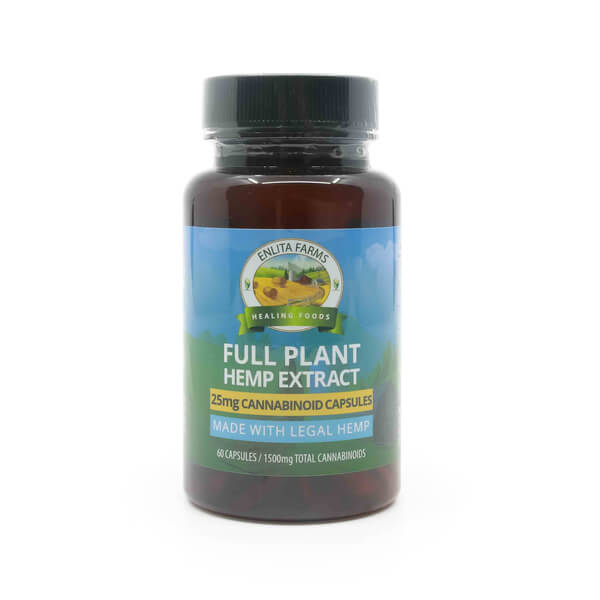 A dark bottle of Enlita Farms Full Plant Hemp Extract containing 60 capsules. The label highlights 25mg cannabinoid capsules, made with legal hemp, for a total of 1500mg cannabinoids.