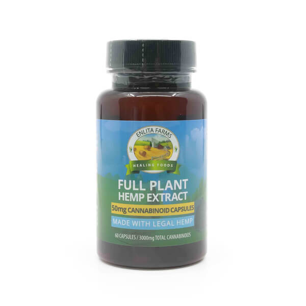 A dark bottle of Enlita Farms Full Plant Hemp Extract containing 60 capsules. The label highlights 50mg cannabinoid capsules, made with legal hemp, for a total of 3000mg cannabinoids.