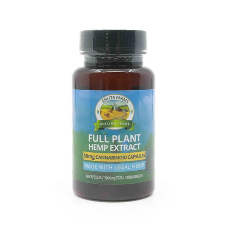 A dark bottle of Enlita Farms Full Plant Hemp Extract containing 60 capsules. The label highlights 50mg cannabinoid capsules, made with legal hemp, for a total of 3000mg cannabinoids.