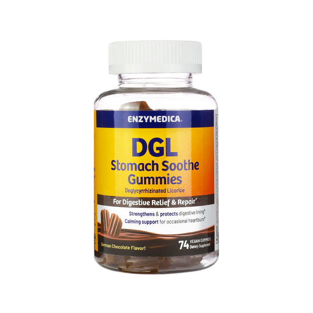 Bottle of Enzymedica DGL Stomach Soothe Gummies in German Chocolate flavor, containing 74 vegan gummies. The label highlights digestive relief and repair with deglycyrrhizinated licorice, promoting digestive lining protection and occasional heartburn support.