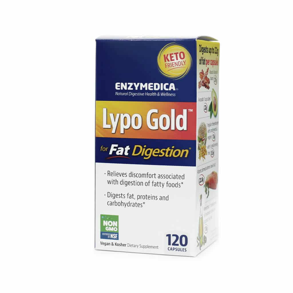 Box of Enzymedica Lypo Gold dietary supplement for fat digestion, labeled as keto-friendly and containing 120 capsules. Claims to relieve discomfort from fatty foods and digest fats, proteins, and carbohydrates; marked as vegan, kosher, and non-GMO.
