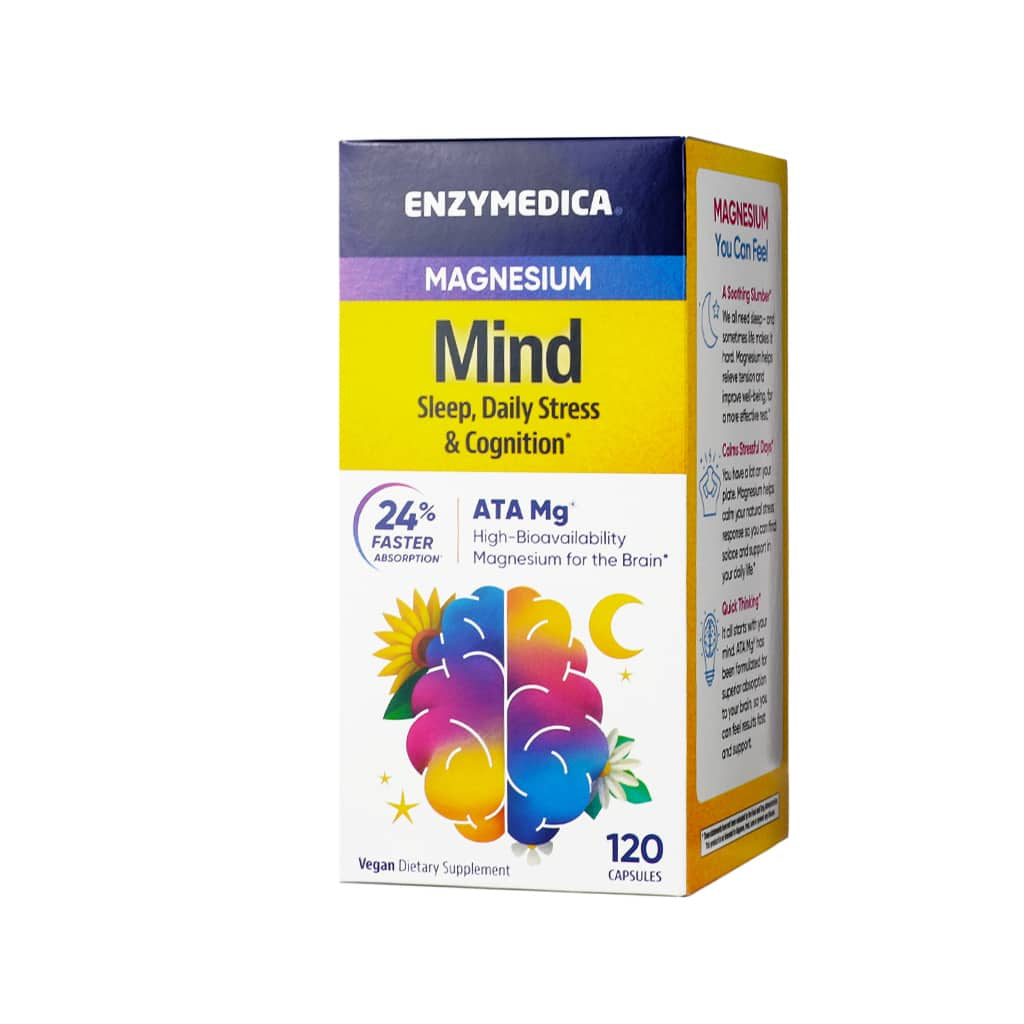 Box of Enzymedica Magnesium Mind supplement with colorful brain imagery on the front. Labeled for sleep, daily stress, and cognition support, featuring ATA Mg® for high brain bioavailability and promoting 24% faster absorption; contains 120 vegan capsules.