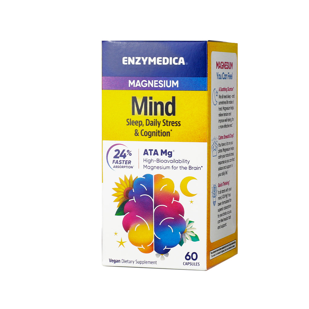 Box of Enzymedica Magnesium Mind supplement with colorful brain imagery on the front. Labeled for sleep, daily stress, and cognition support, featuring ATA Mg® for high brain bioavailability and promoting 24% faster absorption; contains 60 vegan capsules (2 month supply).