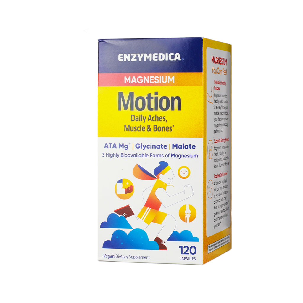Enzymedica Magnesium Motion box containing 60 capsules, promoting muscle and bone health with a blend of ATA Mg, Glycinate, and Malate. The front label includes a cartoon runner and health icons, all in a bright yellow and blue theme.
