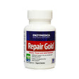 White bottle of Enzymedica Repair Gold featuring bold red and navy labeling, designed to support muscle, tissue, and joint function. Highlights include non-GMO, NSF certified, vegan, kosher, and contains Serrapeptase for added support.
