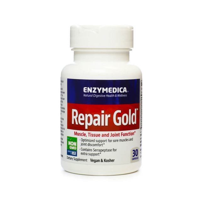 White bottle of Enzymedica Repair Gold featuring bold red and navy labeling, designed to support muscle, tissue, and joint function. Highlights include non-GMO, NSF certified, vegan, kosher, and contains Serrapeptase for added support.