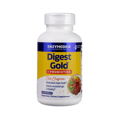 Image of Enzymedica Digest Gold + Probiotics, 90-count bottle with rich blue label, gold accents, and clear text promoting advanced enzyme and probiotic digestive support.