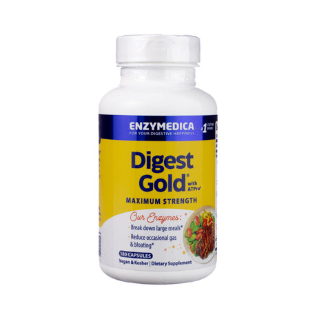 Clear front image of Enzymedica Digest Gold with ATPro™, 180-count bottle, showcasing deep blue label, ATPro™ logo, and text promoting full-spectrum enzyme support for digestive health.