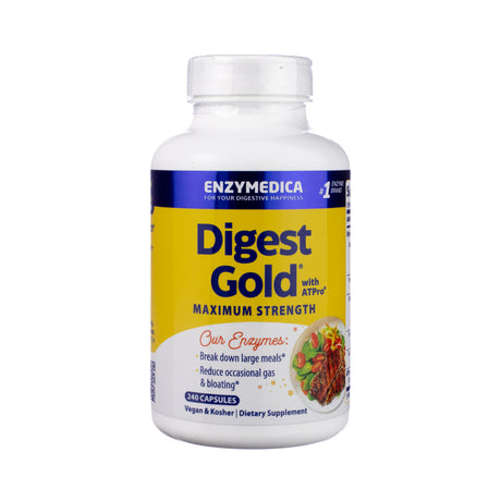 Front-facing view of Enzymedica Digest Gold with ATPro™, 240-count bottle, with premium blue and gold label design, ATP imagery, and bold benefits for nutrient breakdown and energy.