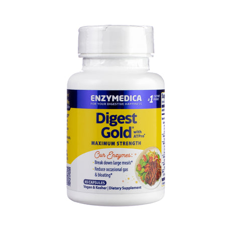 Front view of Enzymedica Digest Gold with ATPro™, 45-count bottle, blue label with gold trim, ATPro™ callout, and graphics indicating fast-acting enzyme support for digestion.