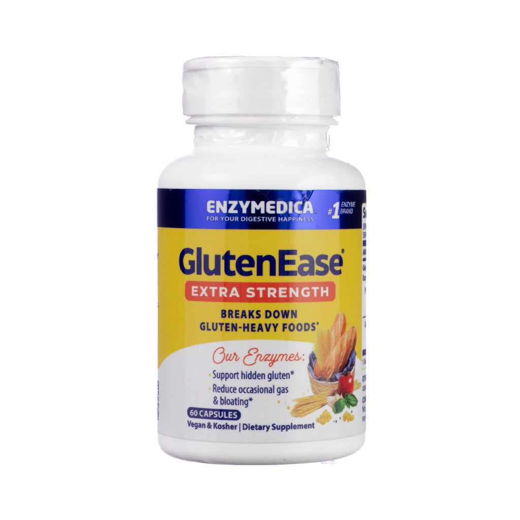 Enzymedica GlutenEase Extra Strength 60 count capsules bottle with white bottle and blue yellow front label