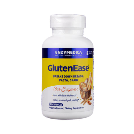 Front label of Enzymedica GlutenEase, 120-count bottle, dark blue packaging with green highlights, enzyme symbols, and label text focused on supporting digestion of gluten-containing foods.