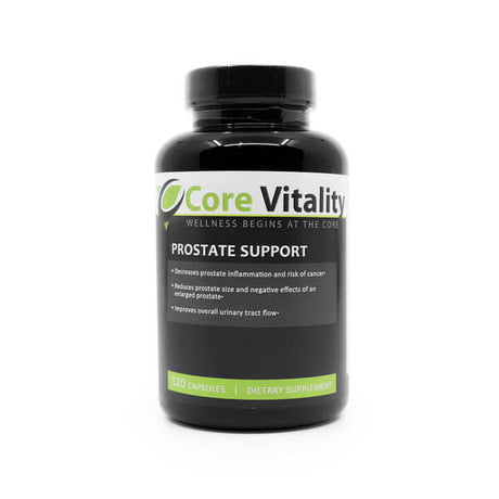 Black bottle of Evergreen Core Vitality Prostate Support dietary supplement with a green-accented label, stating benefits like reducing inflammation, shrinking enlarged prostate, and improving urinary tract flow. Contains 120 capsules.