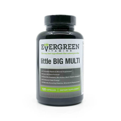 Black bottle of Evergreen Vitamins Little Big Multi supplement with 120 capsules, offering a complete vitamin and mineral formula featuring bioavailable, bio-active nutrients to support clean energy and overall wellness.