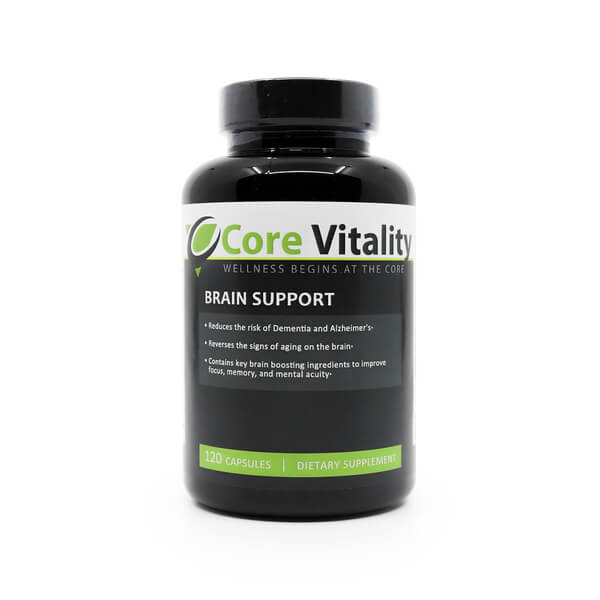 Black bottle of Evergreen Core Vitality Brain Support with green and white label text, highlighting benefits like reduced risk of dementia, reversal of brain aging signs, and support for focus and memory. Contains 120 dietary supplement capsules.