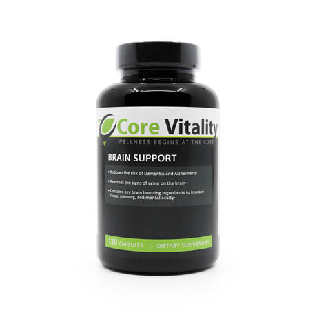 Black bottle of Evergreen Core Vitality Brain Support with green and white label text, highlighting benefits like reduced risk of dementia, reversal of brain aging signs, and support for focus and memory. Contains 120 dietary supplement capsules.
