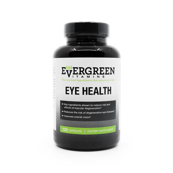 Black bottle of Evergreen Vitamins Eye Health supplement with green label, promoting support for macular degeneration, vision improvement, and reduction of degenerative eye disease risks. Contains 120 capsules.