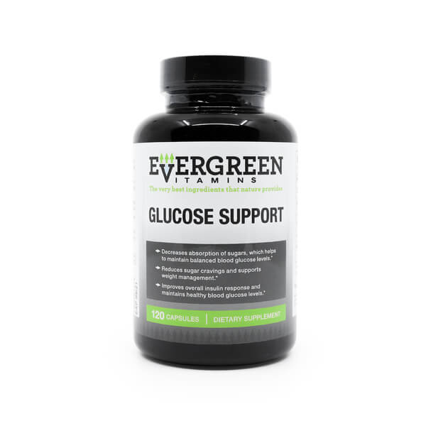 Black bottle of Evergreen Vitamins Glucose Support supplement with green highlights, designed to support balanced blood glucose levels, reduce sugar cravings, and aid insulin response. Contains 120 capsules.