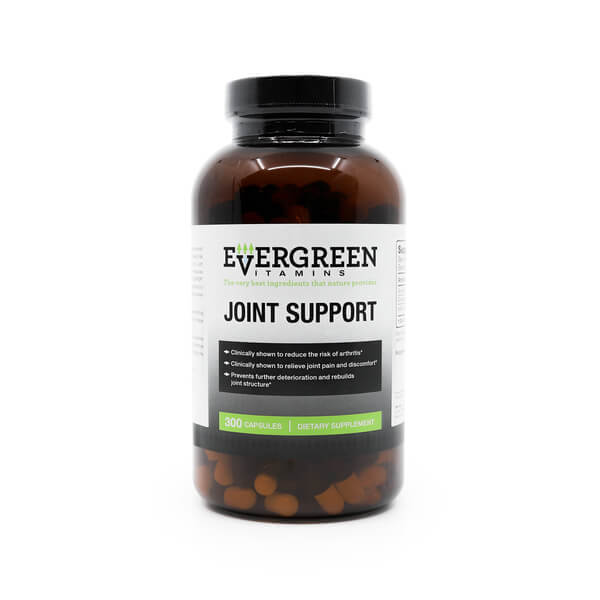 Amber bottle of Evergreen Vitamins Joint Support supplement containing 300 capsules, formulated to reduce arthritis risk, relieve joint discomfort, and support joint structure repair.