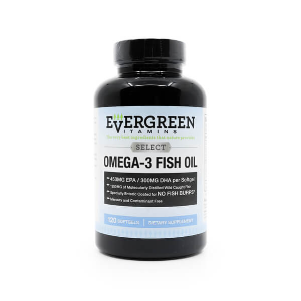 Evergreen Vitamins Select Omega-3 Fish Oil bottle with 120 softgels, containing 450mg EPA and 300mg DHA per softgel, made from molecularly distilled wild-caught fish and enteric-coated to prevent fishy aftertaste.