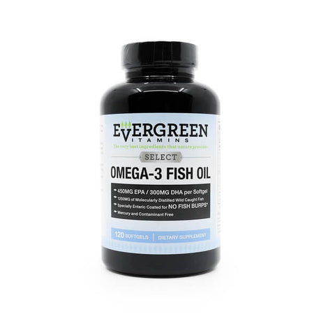 Evergreen Vitamins Select Omega-3 Fish Oil bottle with 120 softgels, containing 450mg EPA and 300mg DHA per softgel, made from molecularly distilled wild-caught fish and enteric-coated to prevent fishy aftertaste.