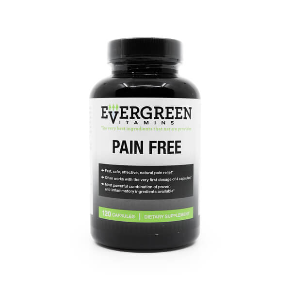 Evergreen Vitamins Pain Free supplement bottle with 120 capsules, featuring claims of fast, safe, and natural pain relief, often effective from the first 4-capsule dose, with a blend of potent anti-inflammatory ingredients.