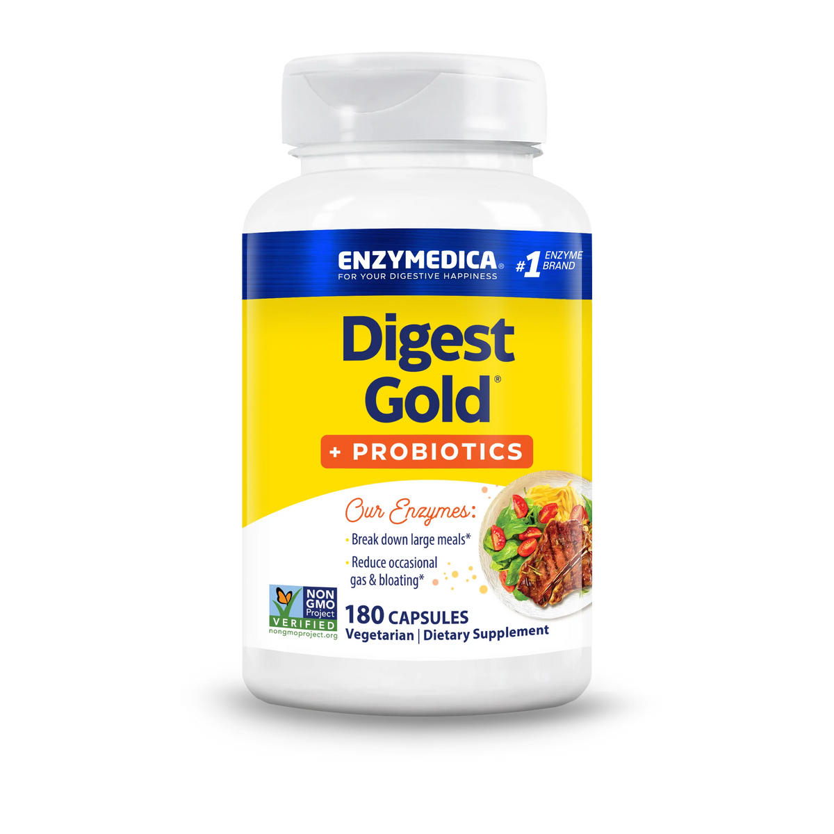 Enzymedica Digest Gold + Probiotics 180 capsules bottle with yellow label and Non-GMO Project Verified seal