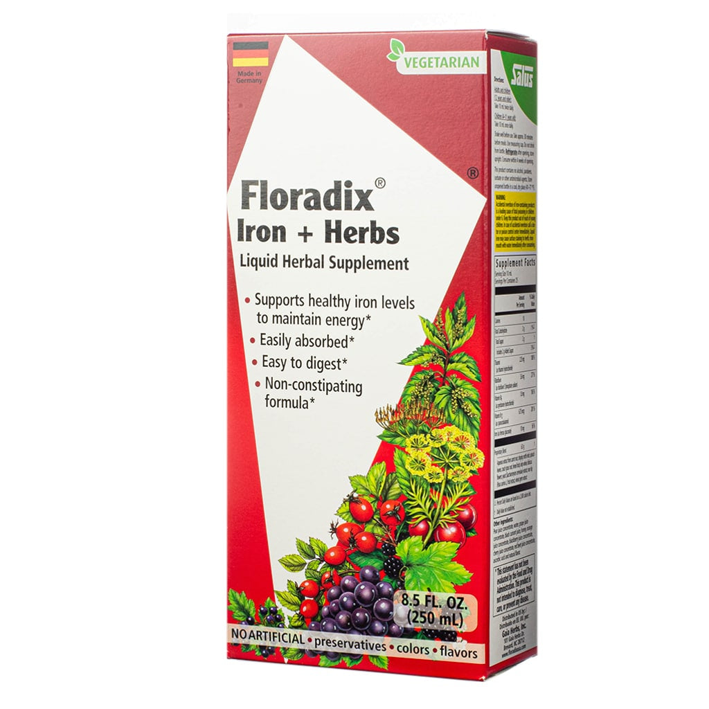 Box of Floradix Iron + Herbs liquid herbal supplement, 8.5 fluid ounces, with claims of supporting healthy iron levels for energy, easy absorption and digestion, and a non-constipating formula; decorated with illustrations of herbs and berries.