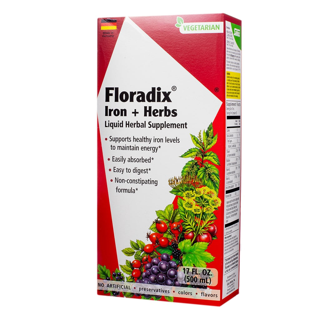 Box of Floradix Iron + Herbs liquid herbal supplement, 17 fluid ounces, with claims of supporting healthy iron levels for energy, easy absorption and digestion, and a non-constipating formula; decorated with illustrations of herbs and berries.