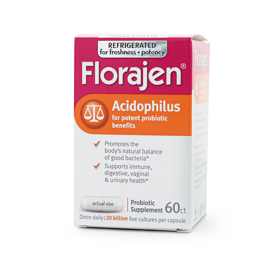 Box of Florajen Acidophilus probiotic supplement with 60 capsules, highlighting 20 billion live cultures per capsule and benefits like balancing good bacteria and supporting immune, digestive, vaginal, and urinary health; labeled "refrigerated for freshness + potency."
