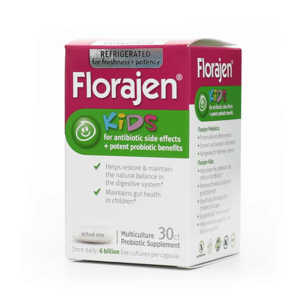 Box of Florajen Kids probiotic supplement for children, featuring colorful branding and labeled benefits including support for gut health and balancing the digestive system. The package notes it contains 30 capsules, each with 6 billion live cultures, and is kept refrigerated for potency.