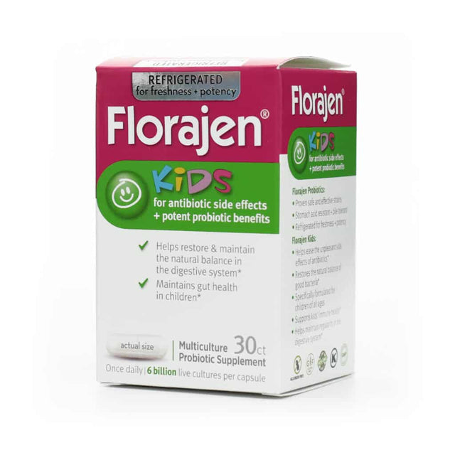 Box of Florajen Kids probiotic supplement for children, featuring colorful branding and labeled benefits including support for gut health and balancing the digestive system. The package notes it contains 30 capsules, each with 6 billion live cultures, and is kept refrigerated for potency.