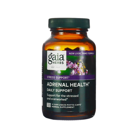 Amber bottle of Gaia Herbs Adrenal Health Daily Support, containing 120 vegan liquid phyto-caps. The herbal supplement is designed for stress support, promoting resilience for those who are stressed and overworked, with a "New Look, Same Formula" banner on the label.
