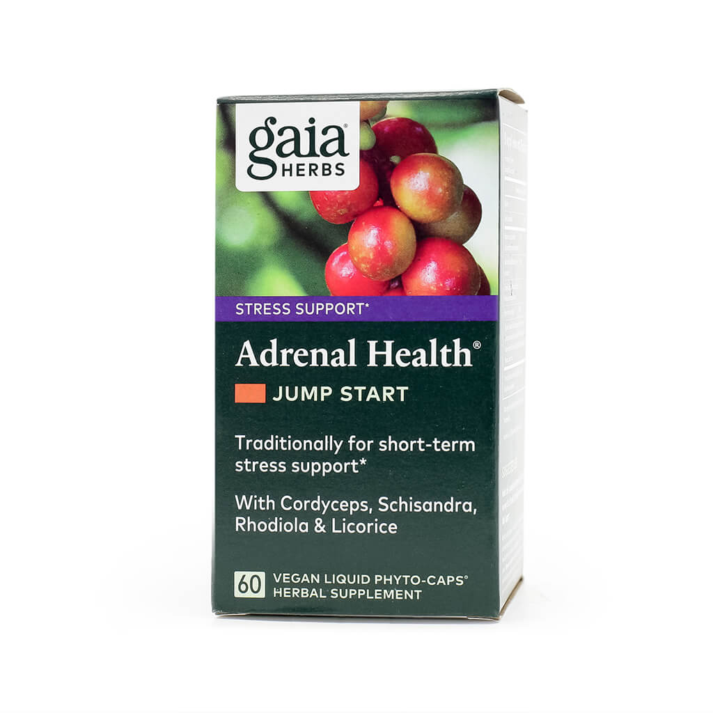 Box of Gaia Herbs Adrenal Health® Jump Start herbal supplement with 60 vegan liquid phyto-caps. Label promotes short-term stress support using Cordyceps, Schisandra, Rhodiola, and Licorice. The packaging features red berries and a green background for a natural, plant-based look.