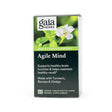Gaia Herbs Agile Mind herbal supplement box with 60 vegan liquid phyto-caps, designed for brain and cognitive support. The packaging highlights benefits like supporting brain function and memory recall, and lists ingredients including Turmeric, Bacopa, and Ginkgo. The front features a close-up of a white flower for a fresh, natural look.