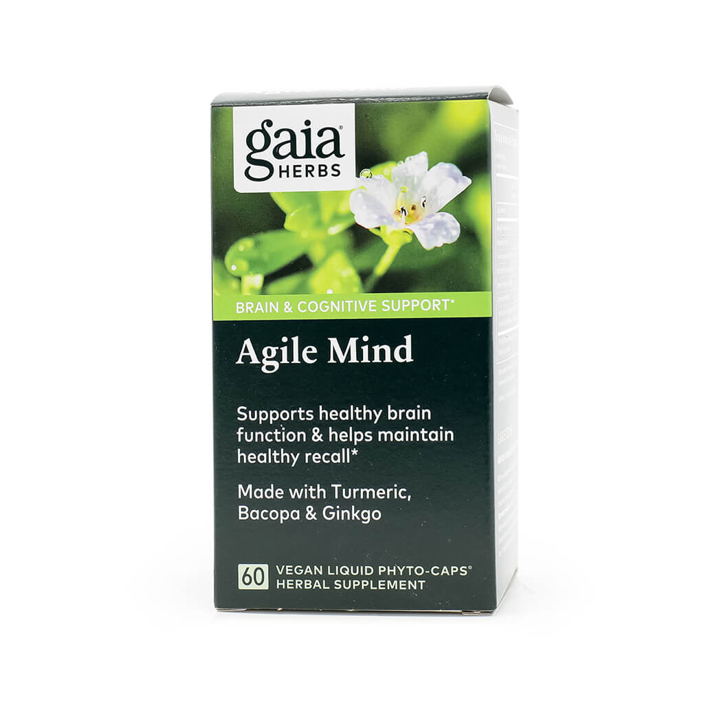 Gaia Herbs Agile Mind herbal supplement box with 60 vegan liquid phyto-caps, designed for brain and cognitive support. The packaging highlights benefits like supporting brain function and memory recall, and lists ingredients including Turmeric, Bacopa, and Ginkgo. The front features a close-up of a white flower for a fresh, natural look.