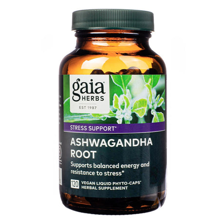 A brown glass bottle of Gaia Herbs Ashwagandha Root supplement with a green cap. The label reads “Stress Support,” and highlights the product supports balanced energy and resistance to stress. Contains 120 vegan liquid phyto-caps.