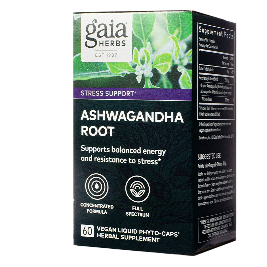 A green and black box of Gaia Herbs Ashwagandha Root supplement labeled “Stress Support.” The box emphasizes a concentrated, full-spectrum formula that supports balanced energy and stress resistance. Contains 60 vegan liquid phyto-caps.